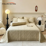 Beige quilted floral eucalyptus fiber bedspread with ruffled edges for bedroom decorbites eucalyptus fiber cover