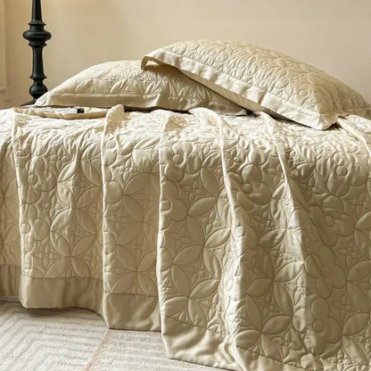 Beige quilted floral eucalyptus fiber bedspread with cream satin embroidery for elegant bedroom decorbites eucalyptus fiber cover