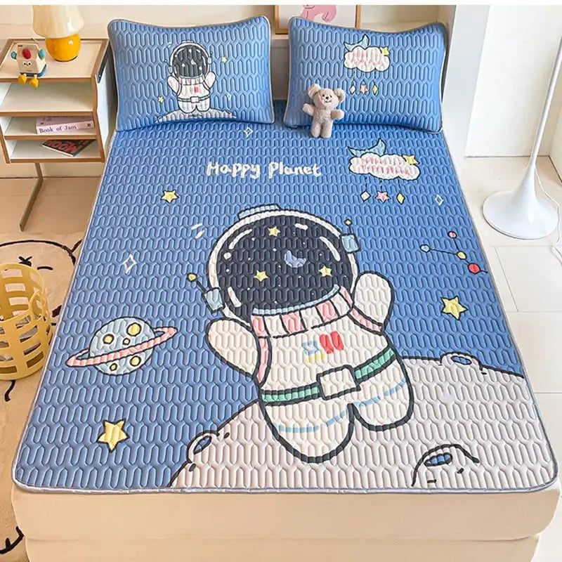 Blue astronaut-themed quilted cooling mattress pad with embroidered stars and planets for decorbites cartoon pattern latex use