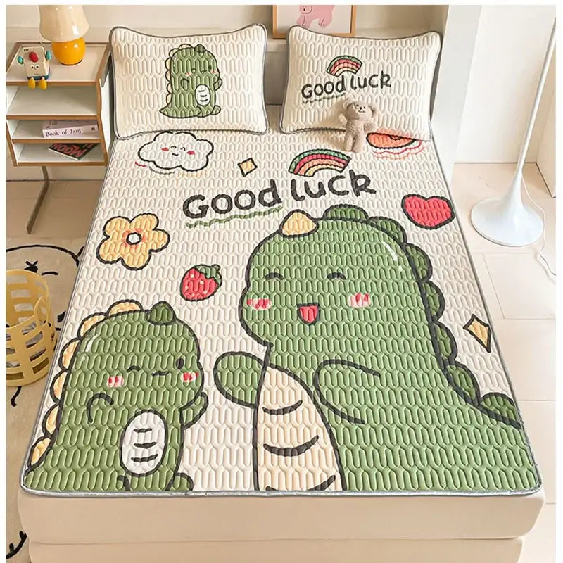 Beige and red cartoon pattern latex mattress with a cute green dinosaur cooling pad embroidered good luck decorbites cartoon pattern