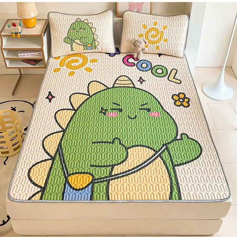 Beige and red cartoon pattern latex mattress sheets with quilted texture featuring cute green dinosaur cooling bed pad decorbites cartoon pattern