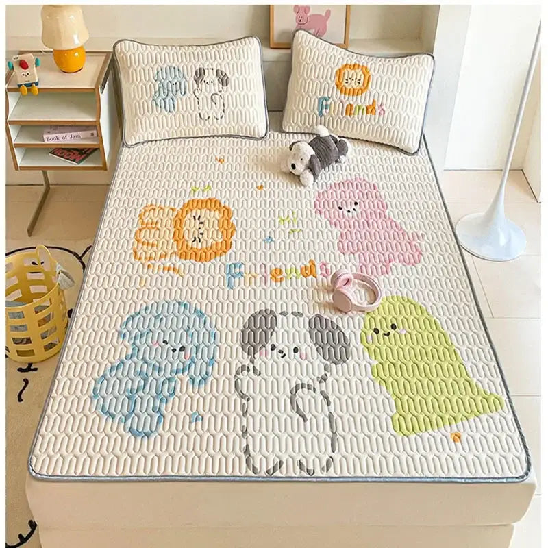 Beige and red cartoon pattern latex mattress cooling bed pad with textured white base and colorful decorbites cartoon pattern designs