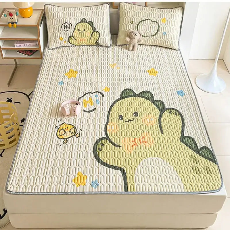 Beige and red cartoon pattern latex mattress quilted bed sheet with yellow dinosaur cooling pad and embroidered green spikes