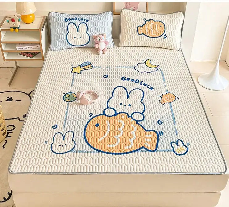 Beige and red cartoon pattern latex mattress quilted bed sheet with cream quilted cooling pad featuring rabbits fish decorbites cartoon pattern