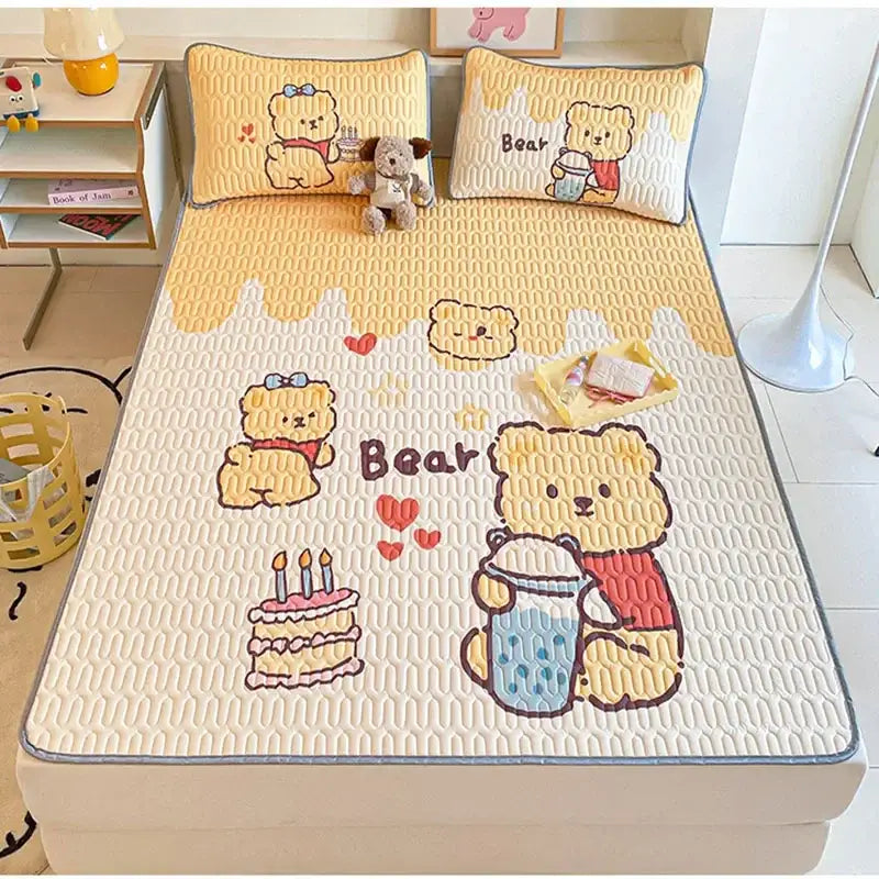 Beige and red cartoon pattern latex mattress quilted bed sheet with yellow and cream bear-themed decorbites cartoon pattern embroidery