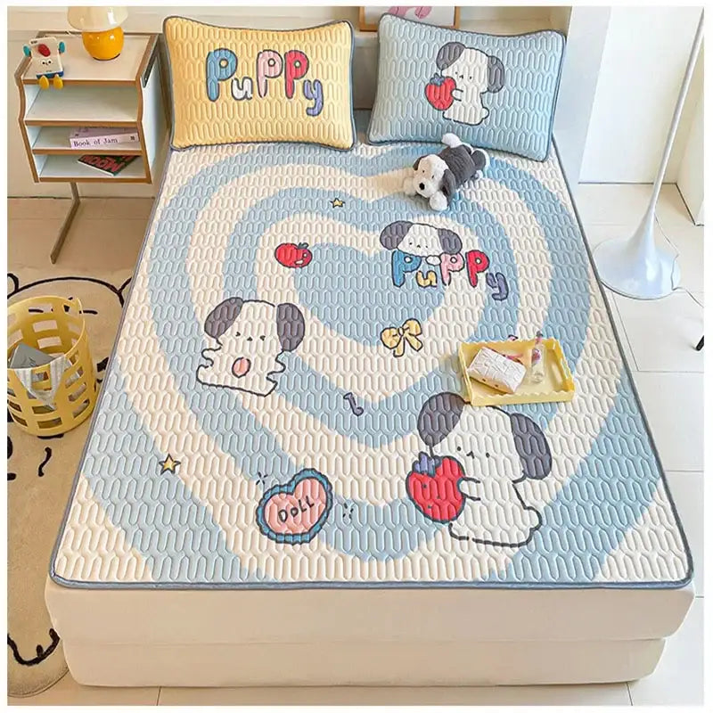Beige and red cartoon pattern latex mattress quilted bed sheets featuring a cute blue and cream puppy-themed decorbites cartoon pattern