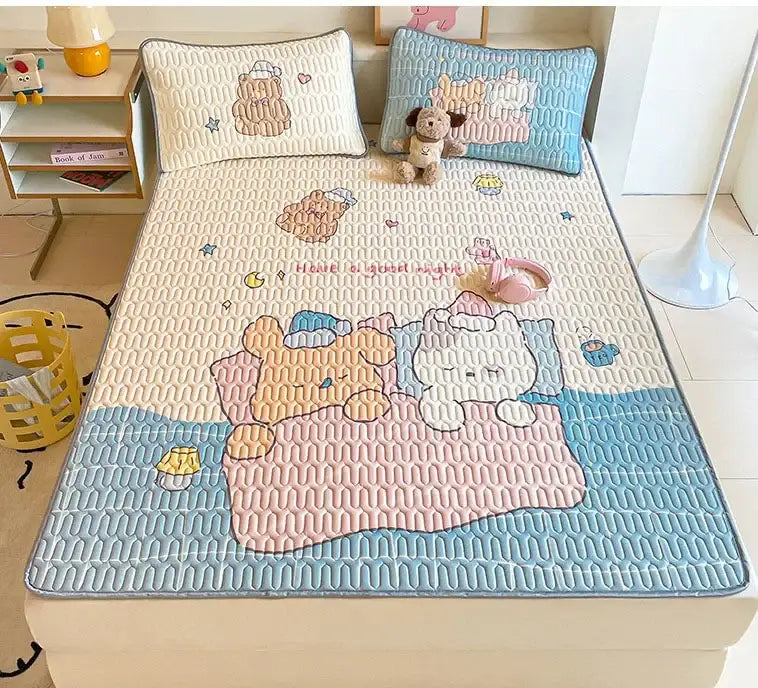 Cute pastel-colored quilted cooling bed pad with beige and red decorbites cartoon pattern latex mattress design