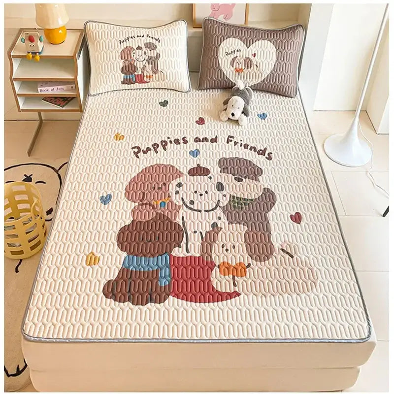 Cream-colored quilted bed pad with puppies and friends design in brown red blue beige for decorbites cartoon pattern latex mattress