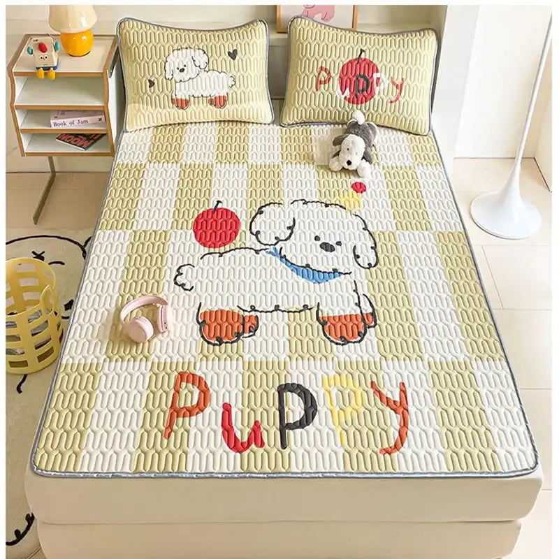 Cream-colored quilted bed pad with cartoon puppy design red apple and colorful puppy lettering for pattern latex mattress decorbites cartoon pattern