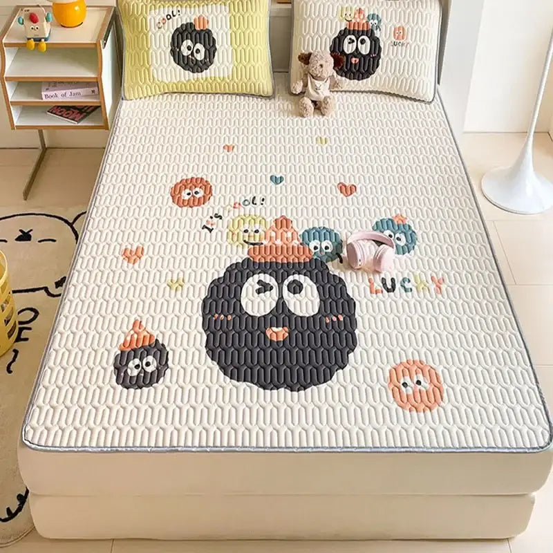 Beige and red quilted bed sheets with white quilted cooling mattress pad featuring decorbites cartoon pattern latex design