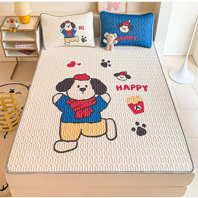 Beige quilted bed pad with decorbites cartoon pattern featuring a blue and red dog on latex mattress bedding