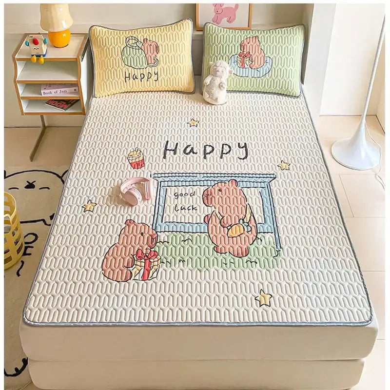 Beige and red cartoon pattern latex quilted mattress pad featuring embroidered pink bear decorbites cartoon pattern