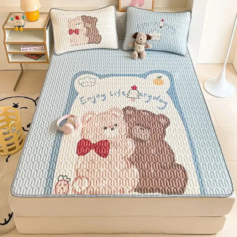 Cute pastel blue and white quilted bed pad with embroidered cartoon bears for pattern latex mattress decorbites cartoon pattern