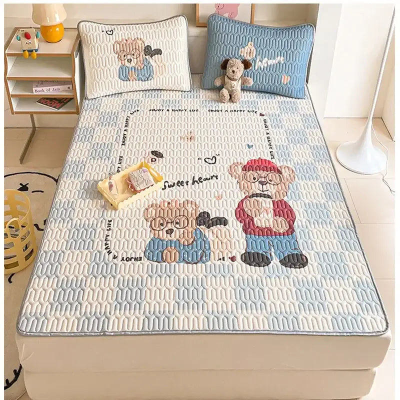 Blue and white quilted bed pad with embroidered cartoon bear designs for decorbites cartoon pattern latex mattress use