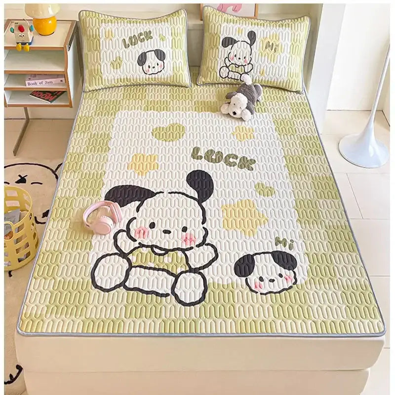 Beige and red cartoon pattern latex mattress quilted bed sheets with green and white panda pattern latex decorbites cartoon pattern