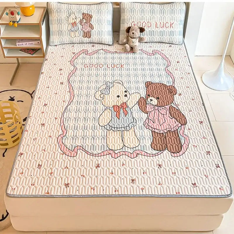 Beige and red cartoon pattern latex mattress quilted bed sheet with pastel pink embroidered teddy bear decorbites cartoon pattern