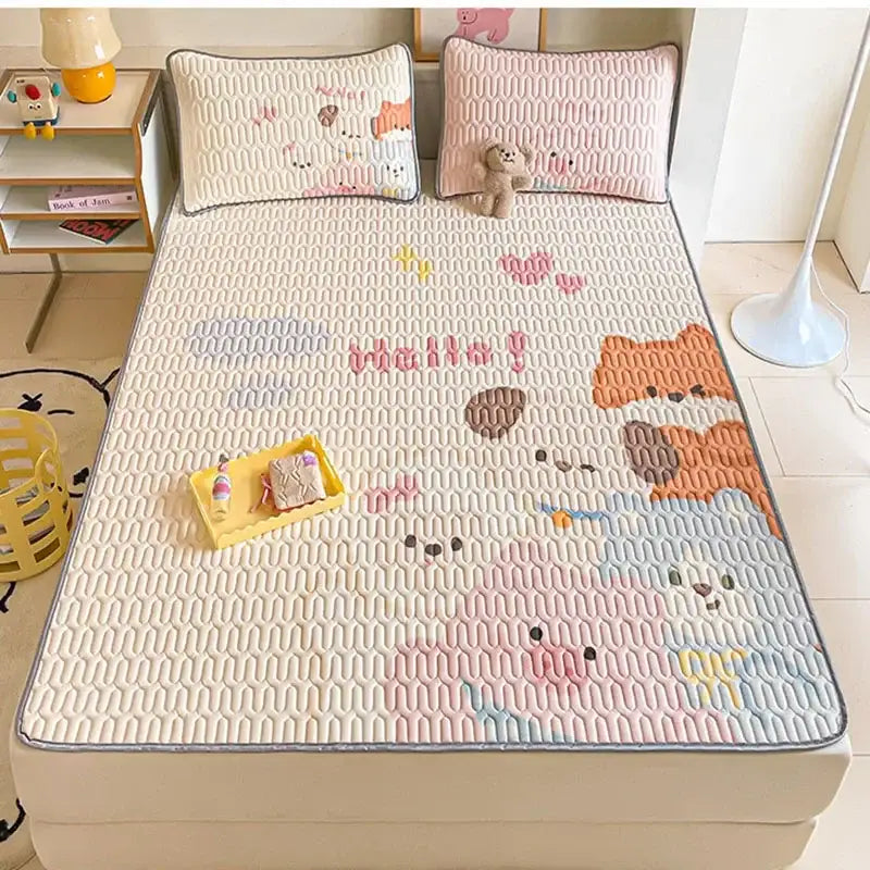 Beige and red cartoon pattern latex mattress quilted bed sheet with cute pastel quilted bed pad and embroidered hello decorbites cartoon pattern