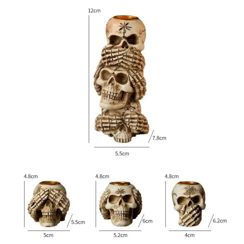 Beige resin bone skeleton candlestick holder with three skulls featuring hand eye cover and star decorbites bone skeleton patterns