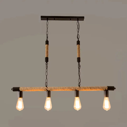 DecorBites™ Beige Rope Island Light Fixture - Industrial Linear 4-Light Pendant with Bare Bulb Design