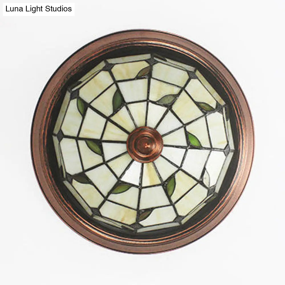 DecorBites™ DecorBites™ Lámpara de techo redonda de montaje empotrado color beige con diseño de vitral y elementos florales/geométricos