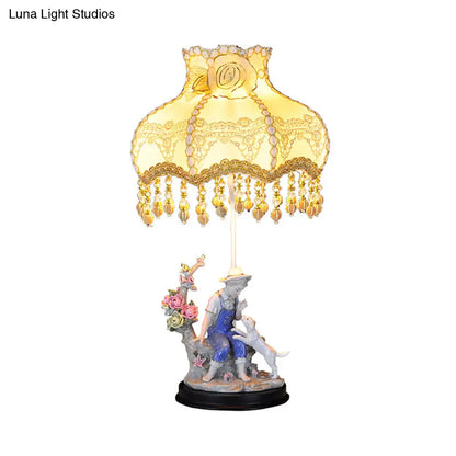Beige Ruffle Edge Nightstand Lamp - Pastoral 1-Light Fabric Night Light with Ceramic Boy and Dog