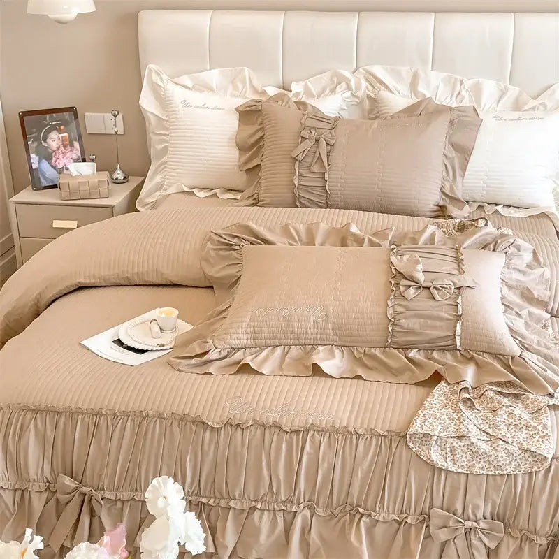 Beige ruffled cake layers cotton duvet set with ribbed texture and embroidered details for elegant bedroom decorbites bedding