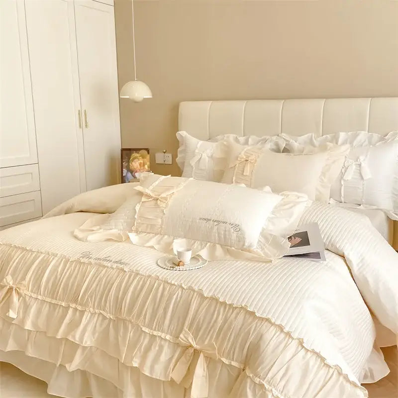 Beige ruffled cake layers cotton duvet set with ribbed texture and lace trim for elegant bedroom decor by decorbites cake layers