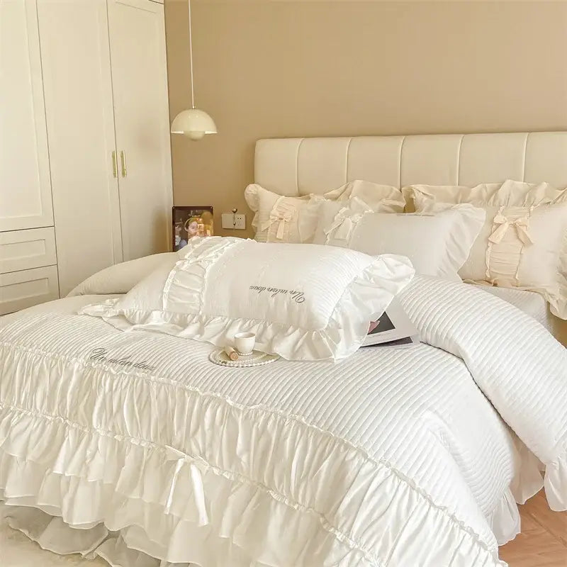 Beige ruffled cake layers cotton duvet set with white delicate embroidery and soft flowing fabric for bedroom decor