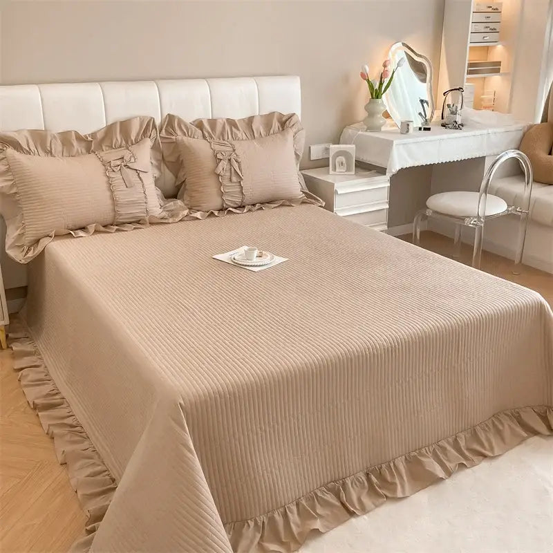 Beige ruffled cake layers cotton duvet set with ribbed bedspread and matching pillows for elegant bedroom decorbites bedding