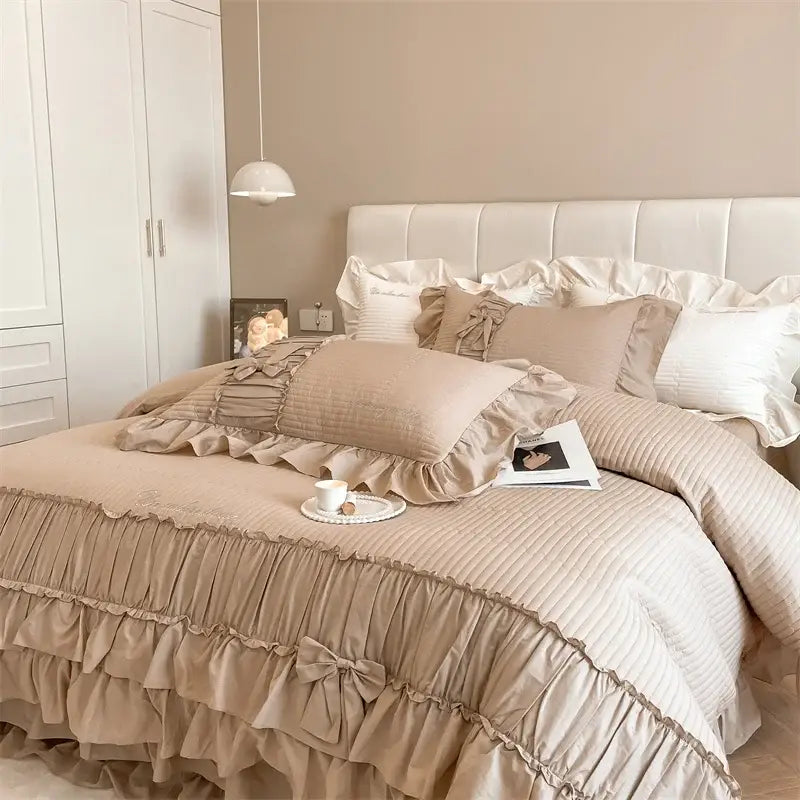 Beige ruffled cake layers cotton duvet set with quilted bedding and matching pillows by decorbites cake layers
