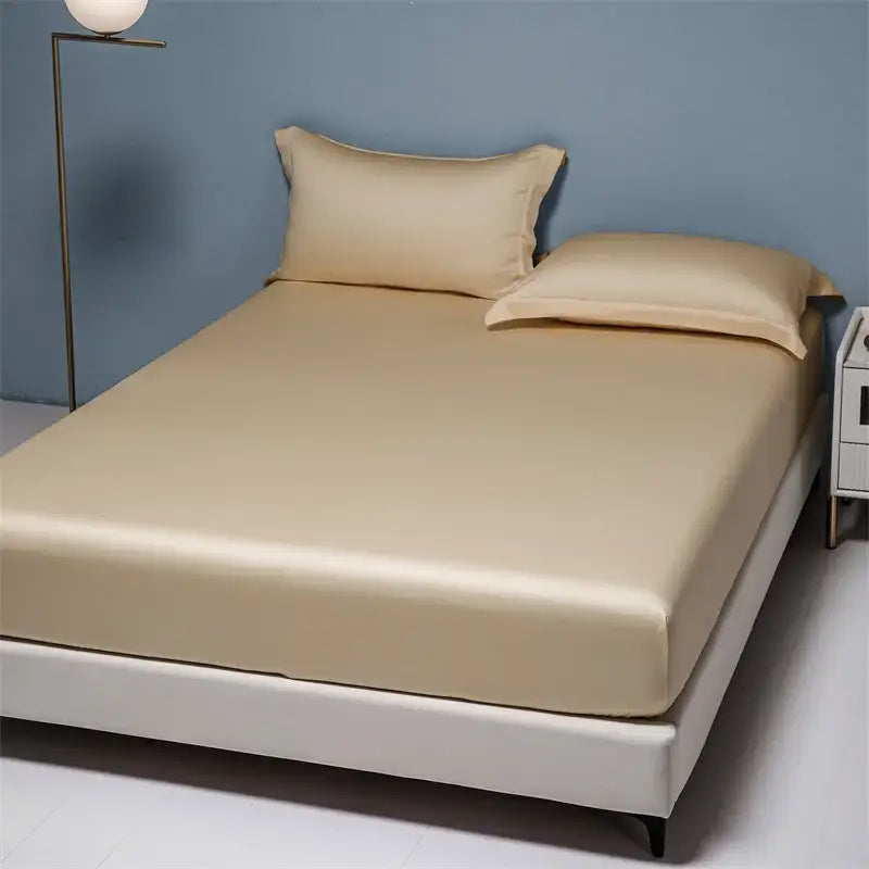 Beige satin 1000tc egyptian cotton fitted sheet with matching pillowcases featuring a smooth glossy finish