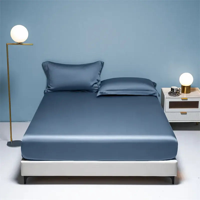 Blue satin fitted sheet set with matching pillowcases from decorbites 1000tc egyptian cotton bedroom decor