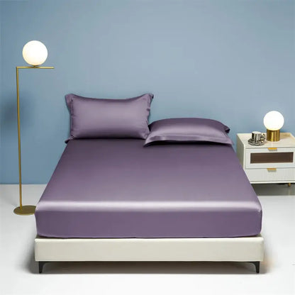 Purple satin bed sheet with matching pillowcases featuring smooth glossy finish in decorbites 1000tc egyptian cotton fitted sheet set