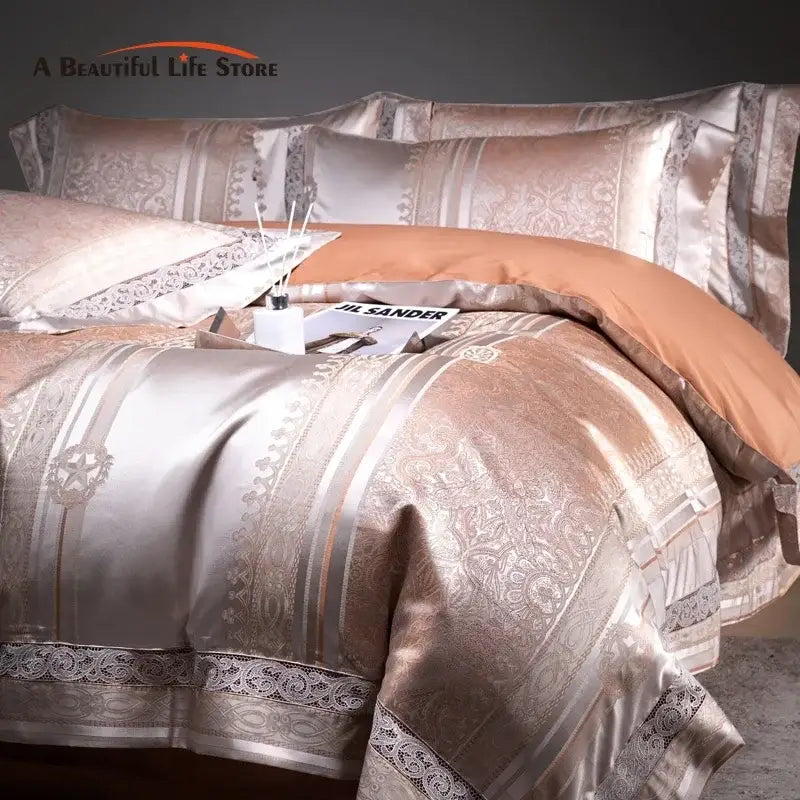 Luxurious beige and silver damask jacquard egyptian cotton bedding set with intricate paisley patterns and lace trim