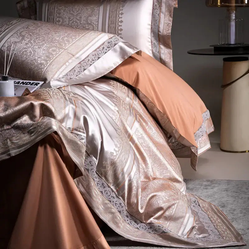 Luxurious satin egyptian cotton bedding set in rose gold and cream with intricate damask jacquard embroidery