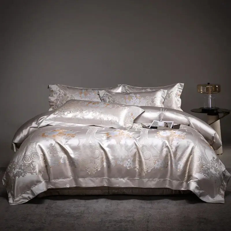 Silver satin bedding set with gold gray floral embroidery in beige and silver damask jacquard egyptian cotton