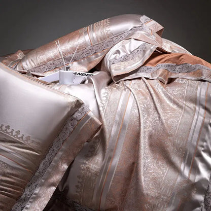 Luxurious rose gold satin bedding set with intricate paisley embroidery and lace trim in beige and silver damask jacquard egyptian cotton