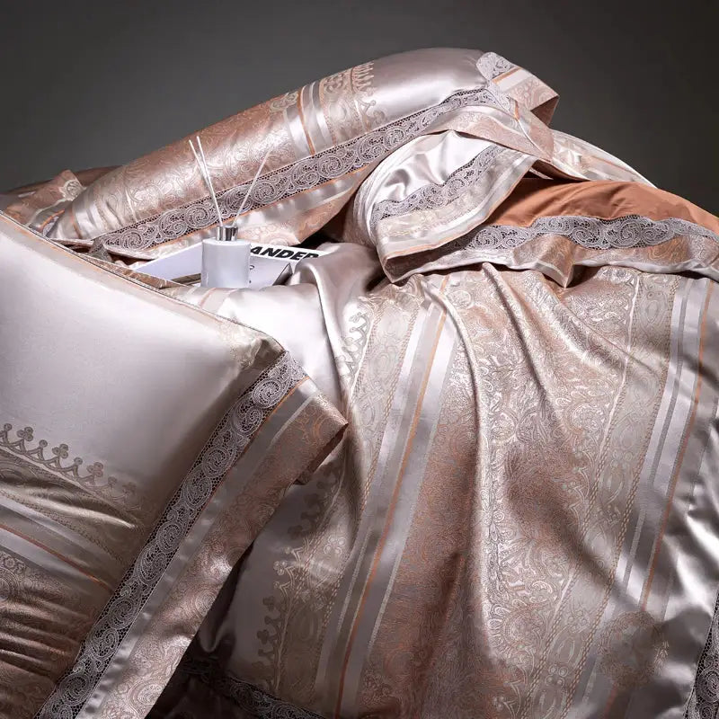 Luxurious rose gold satin bedding set with intricate paisley embroidery and lace trim in beige and silver damask jacquard egyptian cotton