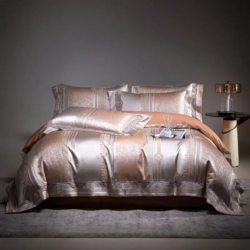 Luxurious beige and silver damask jacquard egyptian cotton bedding set with shimmering rose gold satin detailing