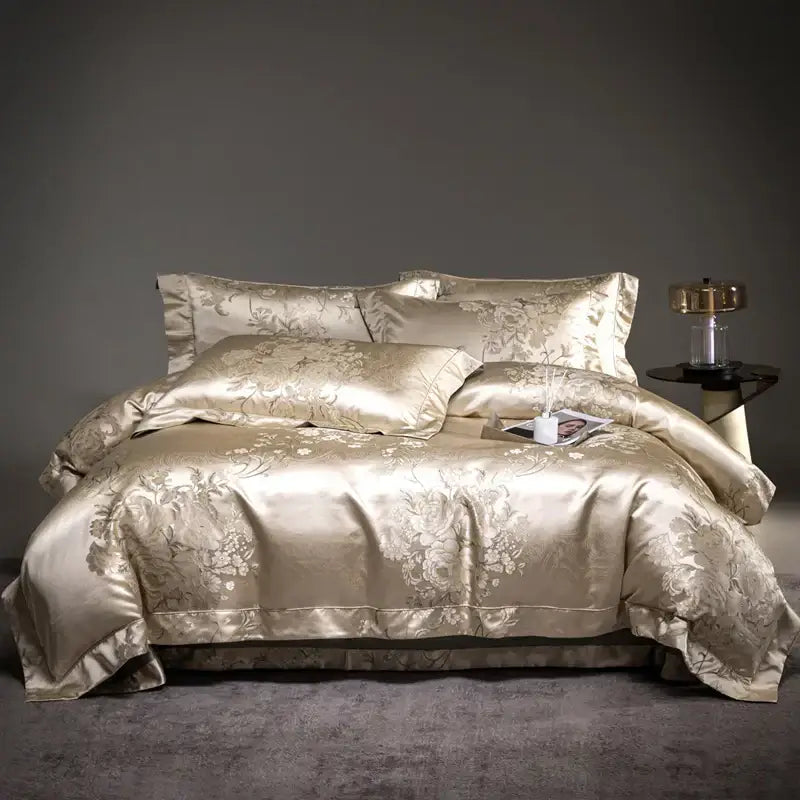Luxurious gold satin bedding set with intricate floral embroidery featuring damask jacquard egyptian cotton accents