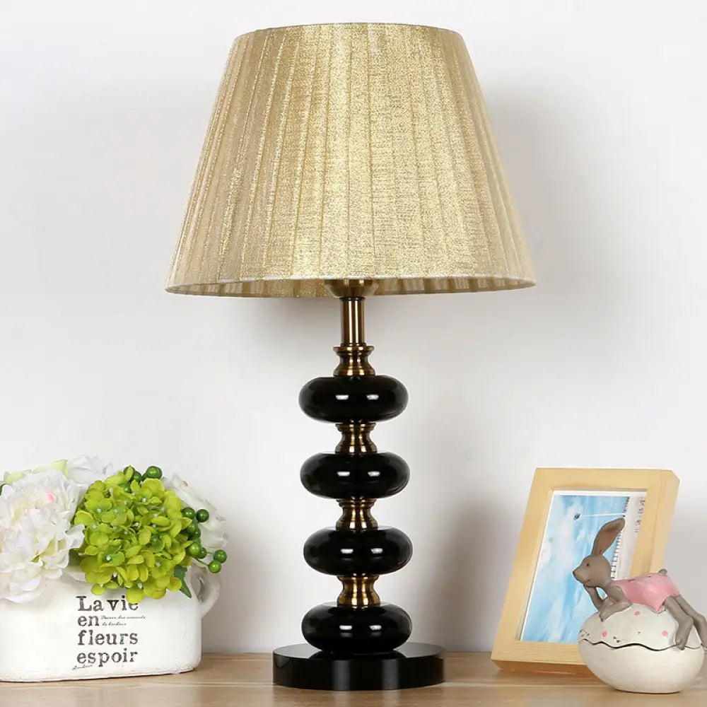 Beige Single Bulb Fabric Conical Nightstand Lamp with Crystal Accent