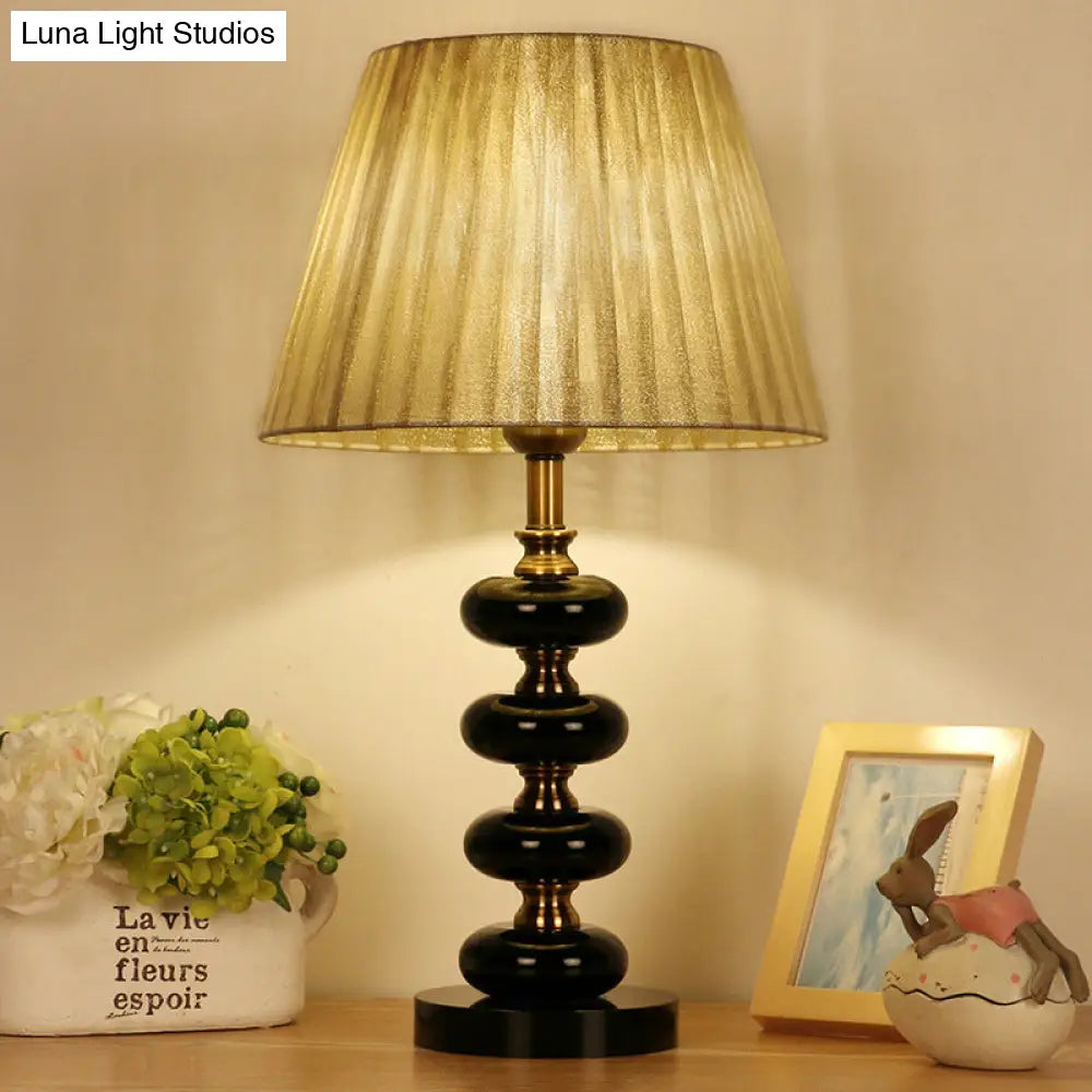 Beige Single Bulb Fabric Conical Nightstand Lamp with Crystal Accent