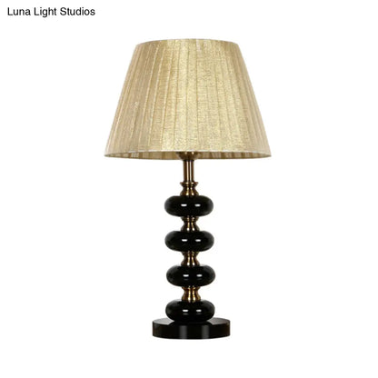 Beige Single Bulb Fabric Conical Nightstand Lamp with Crystal Accent