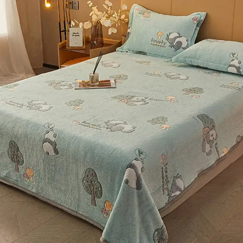 Beige space astronaut cartoon flannel blanket with light blue plush bedspread featuring pandas mushrooms and trees decorbites cartoon flannel