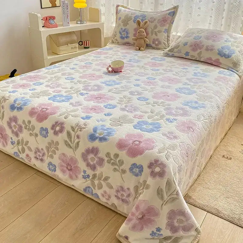 Beige space astronaut cartoon flannel blanket with cream fleece floral pattern featuring pink and blue blossoms decorbites cartoon flannel