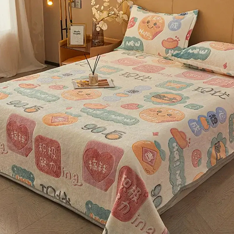 Beige space astronaut cartoon flannel blanket with pastel cartoon fruits and chinese characters on off-white plush decorbites cartoon flannel