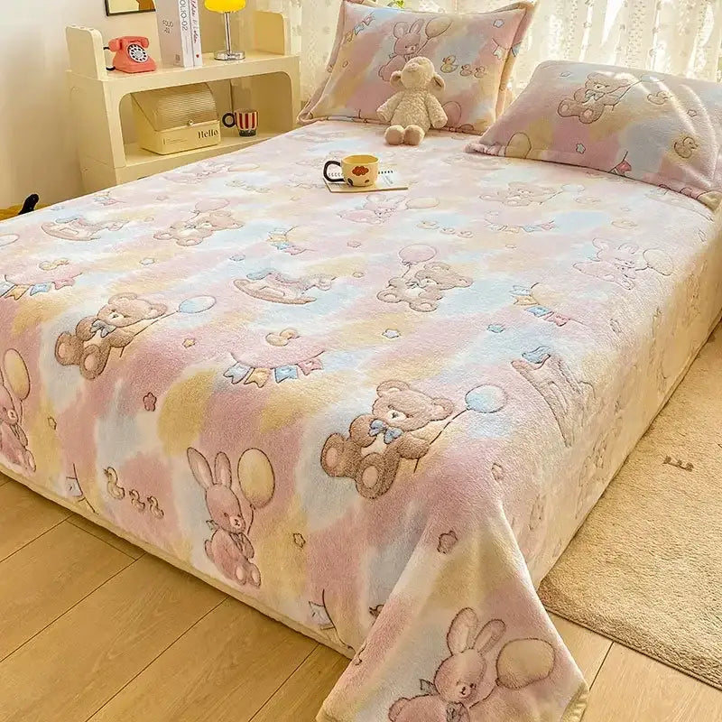 Beige space astronaut cartoon flannel blanket in pastel colors with plush teddy bears and bunnies on cozy fleece fabric decorbites cartoon flannel