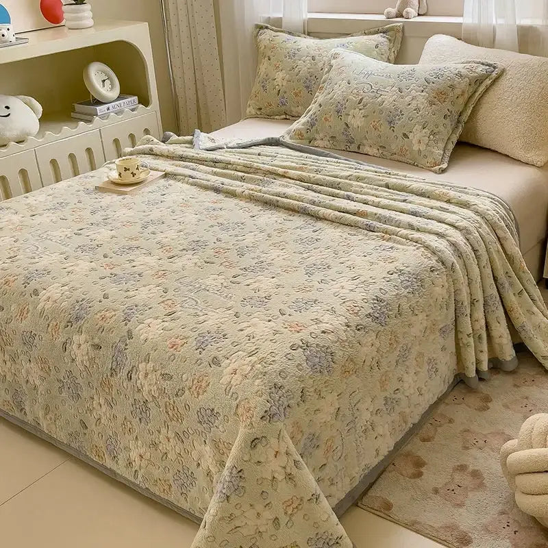 Beige space astronaut cartoon flannel blanket with plush floral quilted bedspread texture for decorbites cartoon flannel use