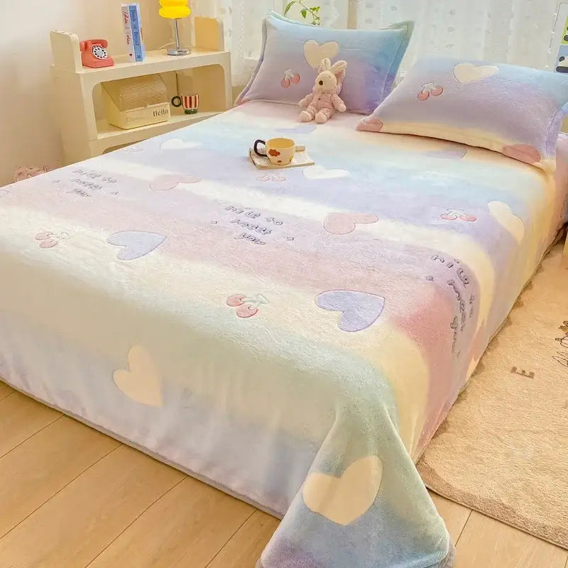 Beige space astronaut cartoon flannel blanket with pastel rainbow plush and embroidered hearts and cherries decorbites cartoon flannel