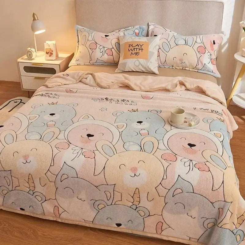 Beige space astronaut cartoon flannel blanket with pastel bear and bunny pattern for decorbites cartoon flannel decor